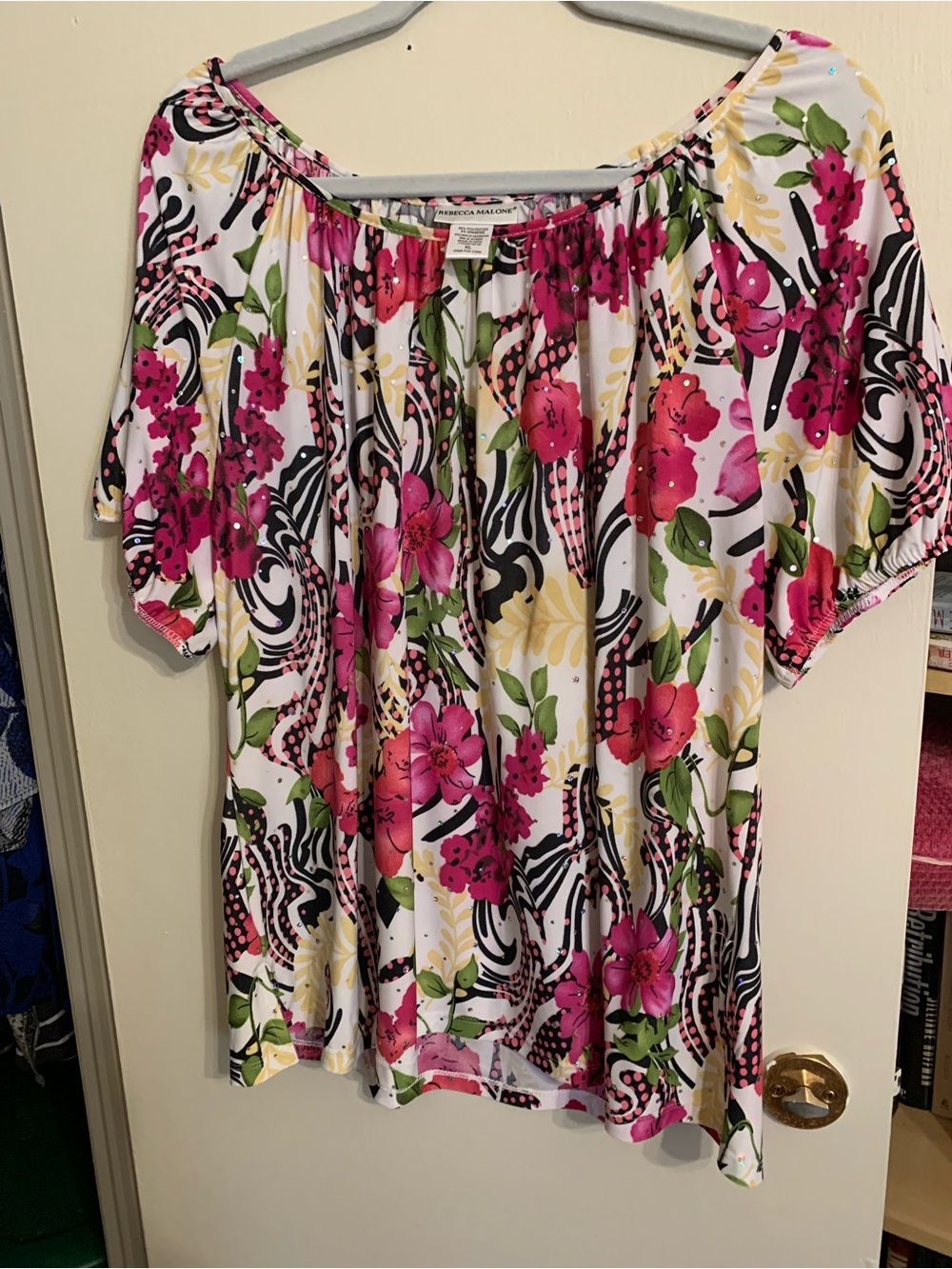 Rebecca Malone White Off-Shoulder Floral Blouse with Pink & Green Accents